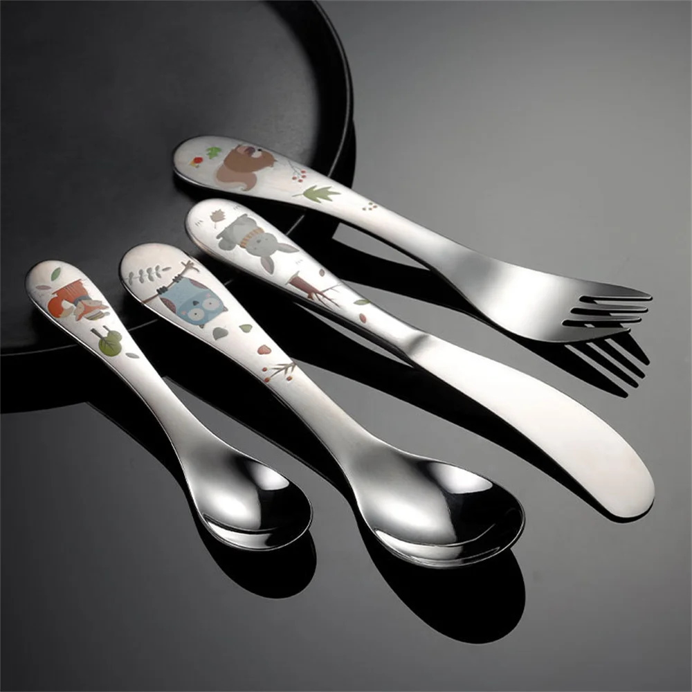 Kids Cutlery Cartoon Pattern Carving 304 Stainless Steel Tableware Spoon Fork Knife Set Baby Flatware Feeding Kitchen Supplies