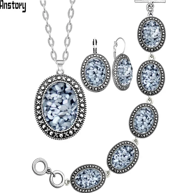 Classic Oval Shell Jewelry Set Antique Silver Plated Necklace Earrings Bracelet Fashion Jewelry TS415