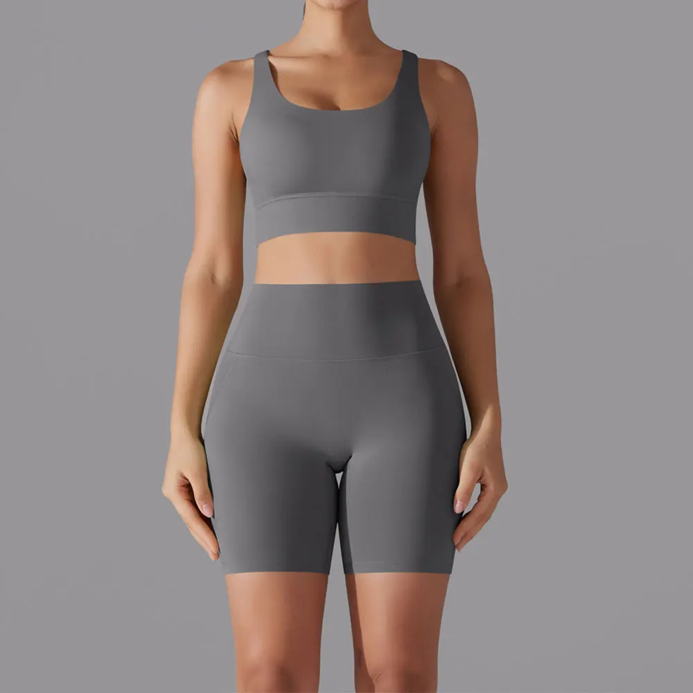 Ensemble de vêtements de yoga 2 pièces pour femmes, survêtement d'entraînement, course à pied, vêtements de sport, short taille haute, soutien-gorge de fitness, combinaisons de sport