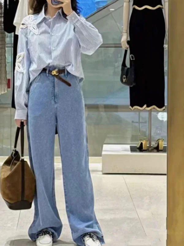 Conjunto de Csa de Aodón Estilo Francés con Bordado Calado Deco con Diamantes, Rayas Azules, Cuello Csero y Falda...