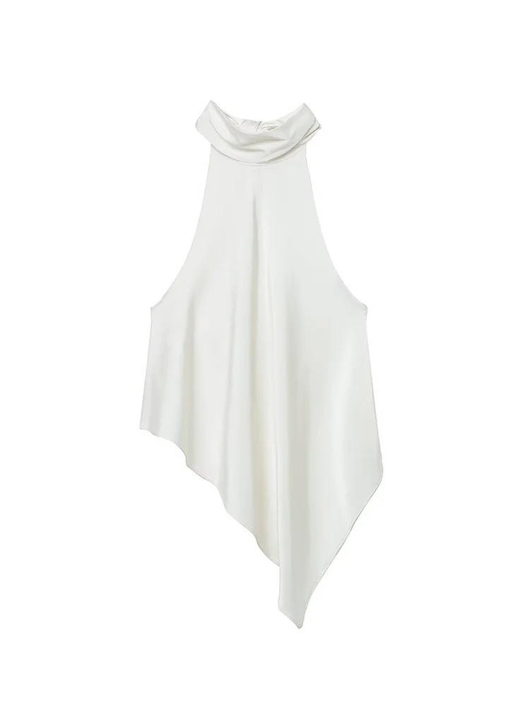    موضة جديدة للمرأة الساتان الرسن سترة أنيقة غير النظامية هيم عارية الذراعين أكمام الشارع تانك القمم الصيف عطلة بلايز عادية