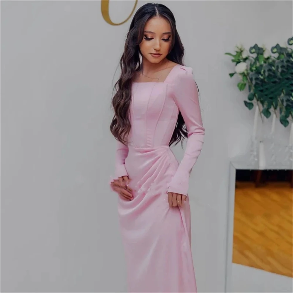 Tarot Pink Square Neck Ankle Length Evening Dresses Mermaid Long Sleeves Satin Formal Prom Party Dress Pleated vestidos de festa