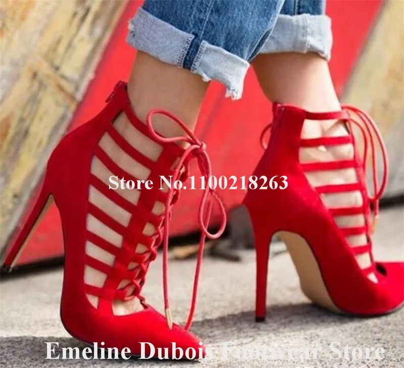 Red Suede Stiletto Heel Pumps Emeline Dubois Pointed Toe Cut-out Straps Thin Heel Shoes Lace-up Back Zipper High Heels Big Size