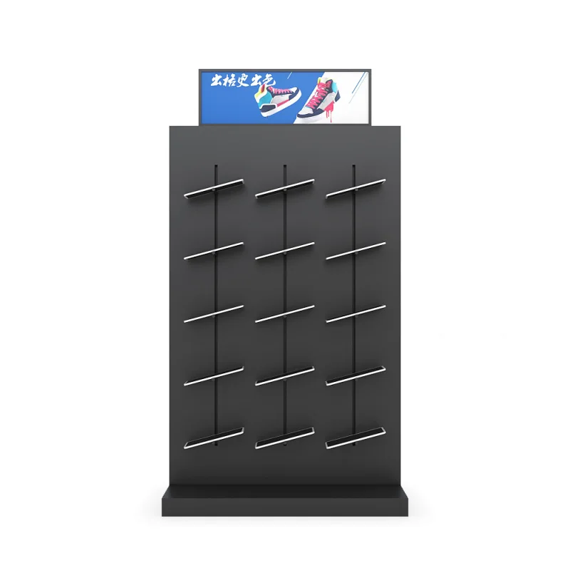 custom.Sports footwear logo wood black double sides shelves levatating shoe display for shoes in store