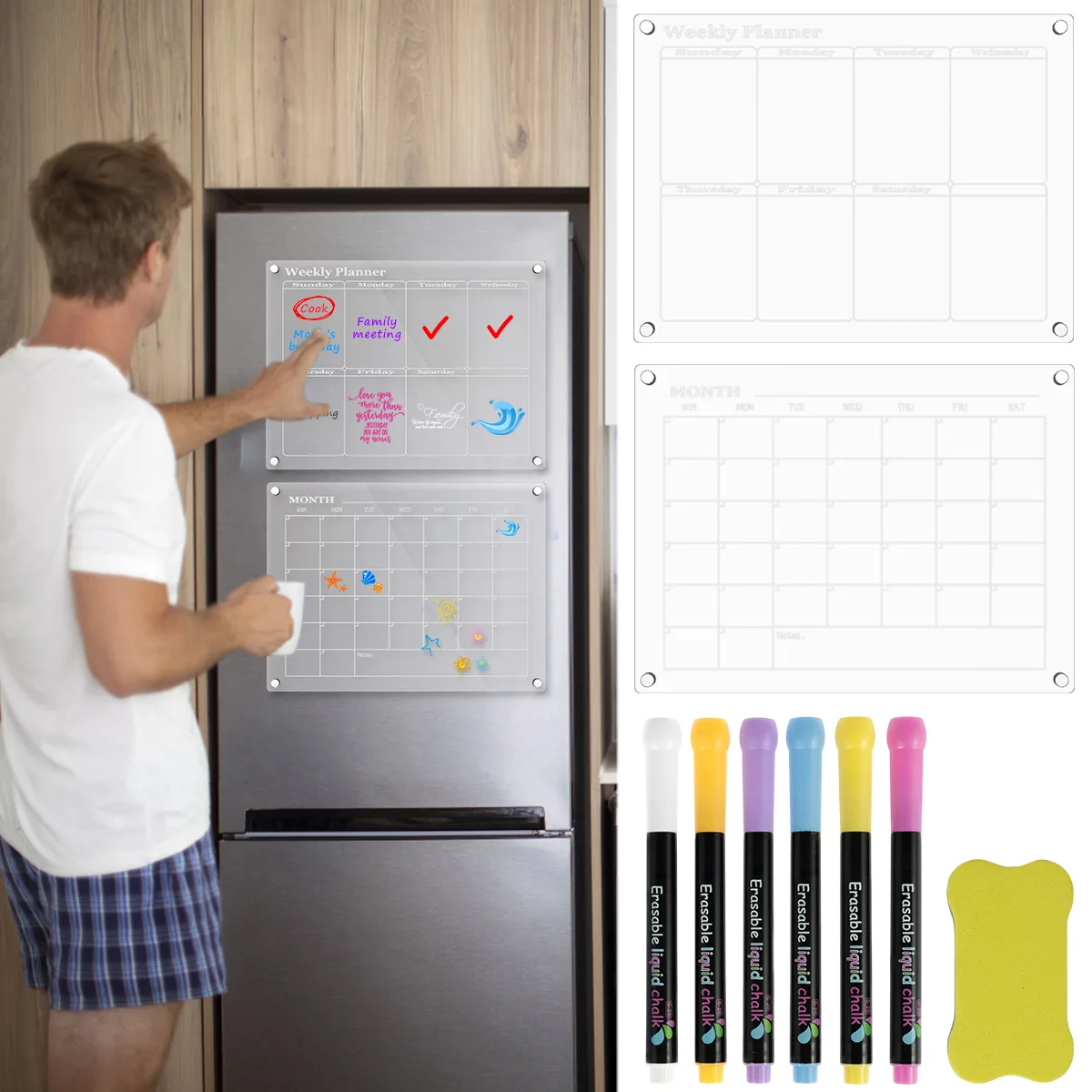 2Pcs Magnetic Acrylic Calendar for Fridge Transparent Acrylic Magnetic Planning Boards Reusable Dry Erase Monthly Weekly