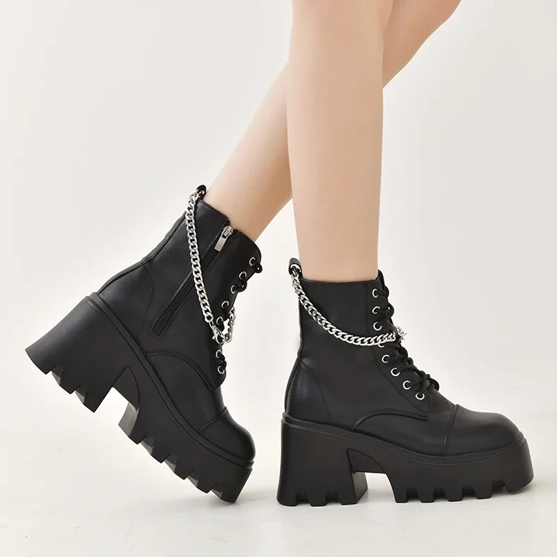 Women Fashion Platform Boots 2023 Autumn Winter Designer Gothic Zipper Ankle Boots High Heels Motorcycle Boots Bota De Vaqueiro