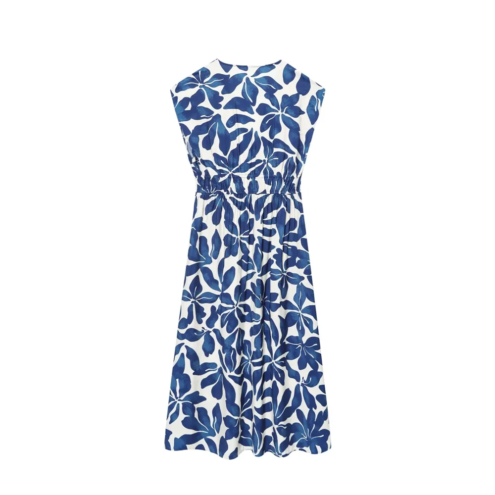 BM&MD&ZA2025niche temperamento decote em V sem mangas plissado cintura design flor impressão vestido verão novas roupas femininas