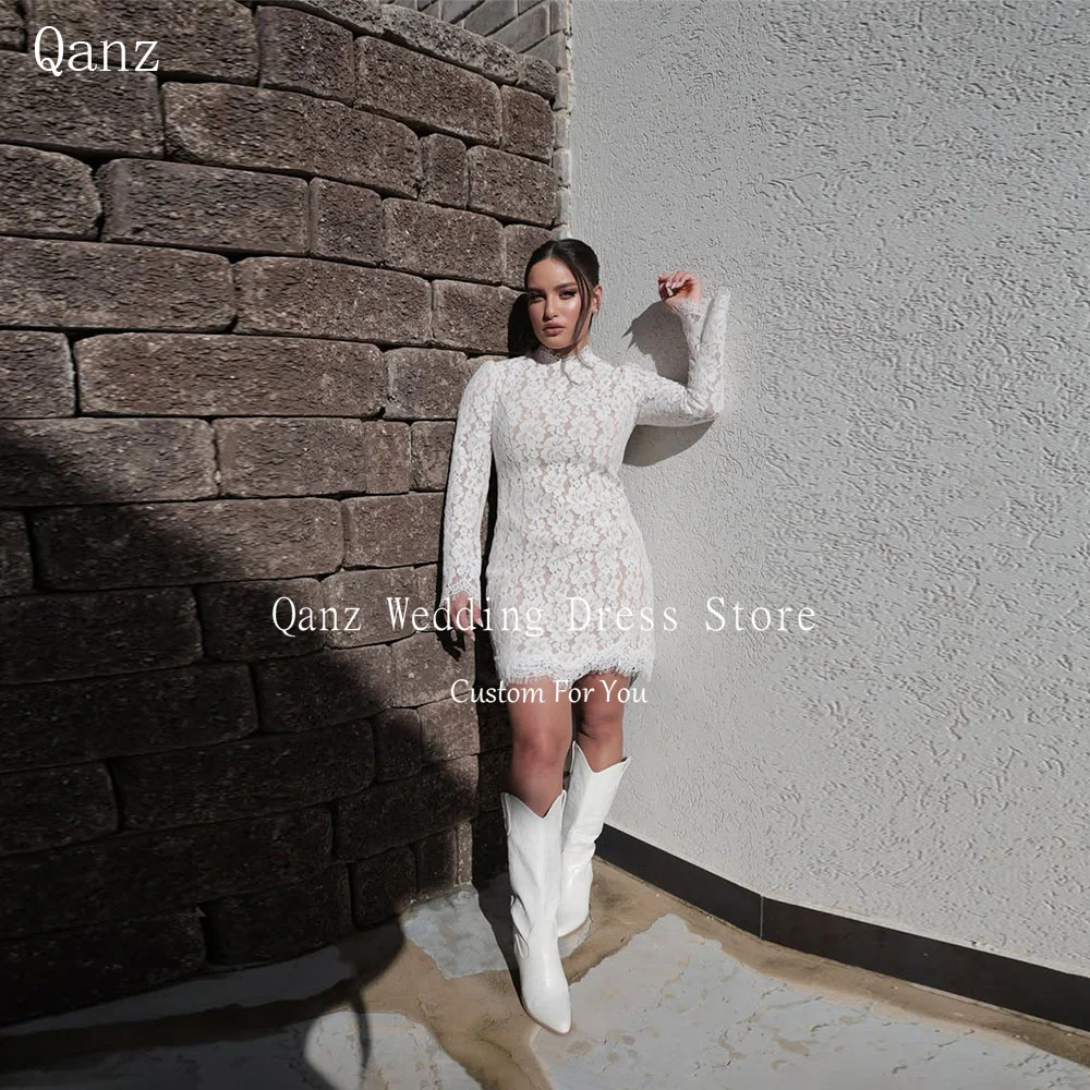 

Qanz Full Lace Appliques Wedding Dress High Neck Long Sleeves Mini Bridal Gowns Short Vestido De Novia Boda Civil Customized