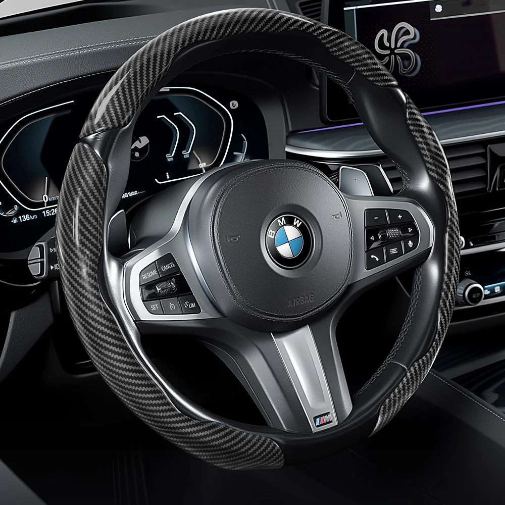 Capa de Volante em Fibra de Carbono com Textura Esportiva para BMW, Design de Encaixe, Compatível com Séries X3, 3, 5, 2, 4, 1, 7, 8, X1, X5, X2, X4, X6, X7, iX, i4, i5, i7, Z4, XM, iX1, iX2, iX3 – Acessório de Interio