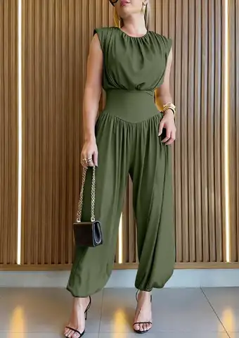 2026 Summer New Women's Jumpsuit Solid Color Round Neck Sleeveless Hollow Back Design Waistband Side Slit Leg Binding Jumpsuit