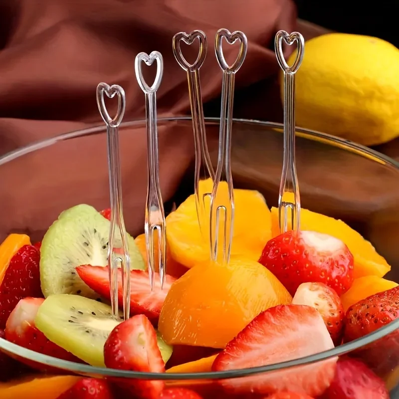 Garfos descartáveis elegantes em forma de coração para festa, Garfos para churrasco, Picaretas, Espeto, Comida de Plástico, Bolo, Fruta Fork, 100 pcs, 300pcs