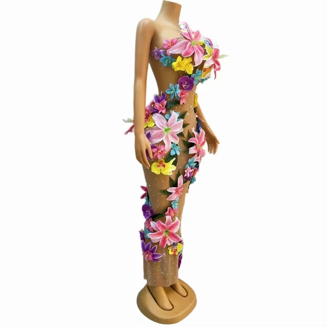 Vestido Floral transparente con espalda descubierta para mujer, traje Sexy con flores de cristal para espectáculo de cantante, ropa de escenario, noche, graduación, fiesta de cumpleaños, Bar