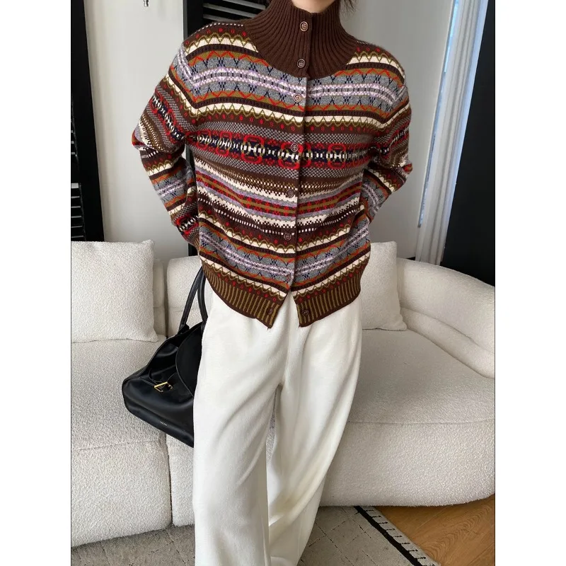 

Wool Blend Fair Isle Color Block Jacquard Knitted Cardigan Sweater