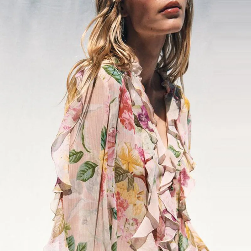 2025, zomer nieuwe dames Faion irt bloemenprint gelaagde decoratie lange Sve polyestervezel Z dames premium kleding