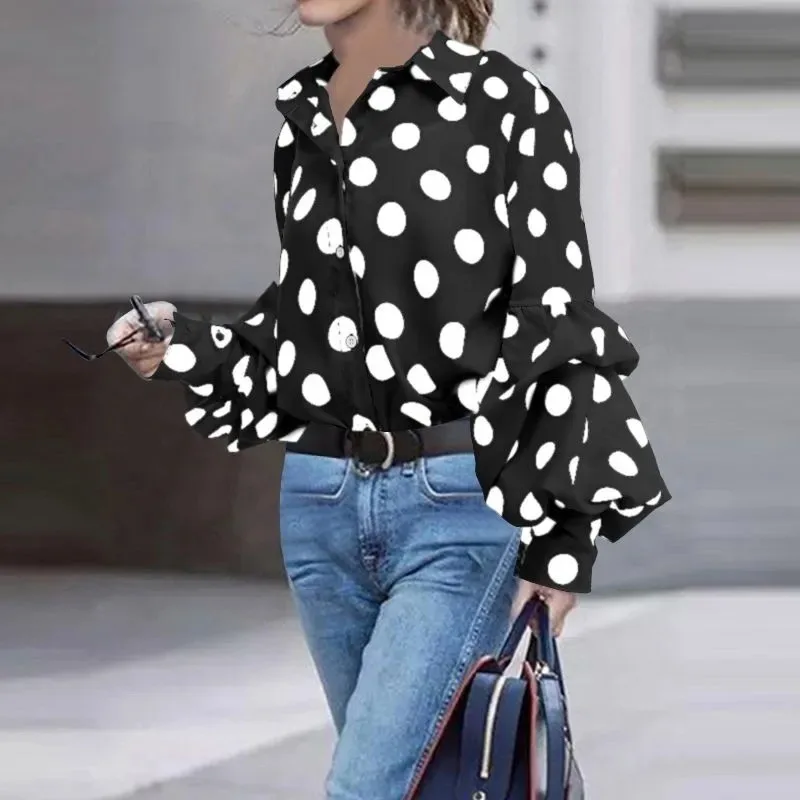 Elegant Autumn Office Lady Shirt Fashion Polo-neck Polka Dot Long Sleeve Blouse Casual Loose Tops Women\'s Clothes Blusas 18308