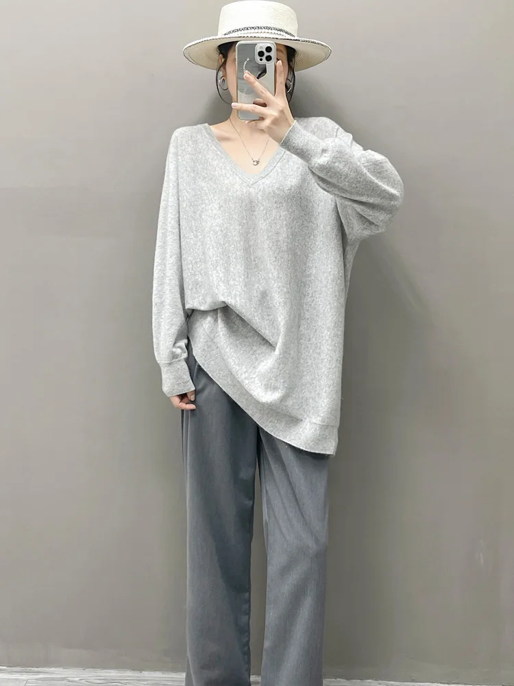 100% suéter de cachemira pura en otoño e invierno, suéter largo para mujer, vestido suelto con cuello en V y murciélago