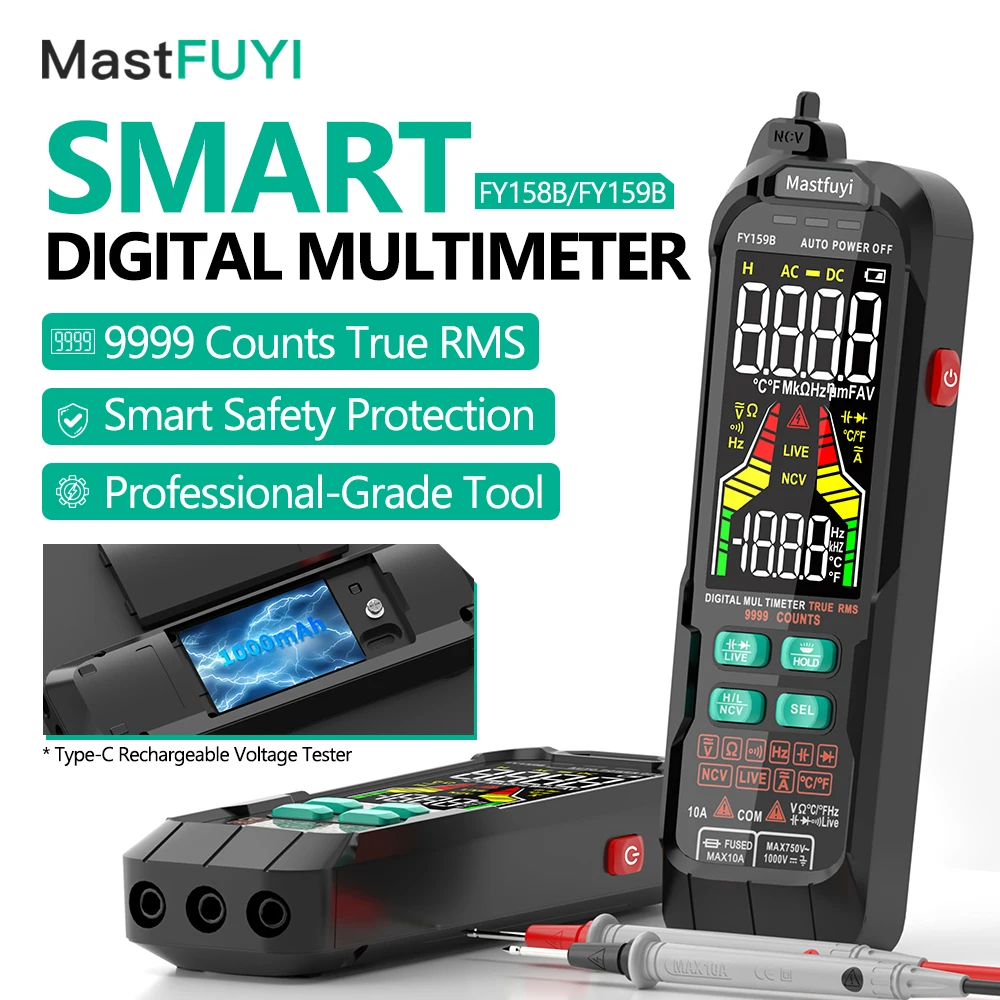 

MASTFUYI Digital Multimeter 9999 Counts True RMS 10A 1000V AC/DC Current Voltage Capacitance Resistance Auto-Ranging Tester Tool