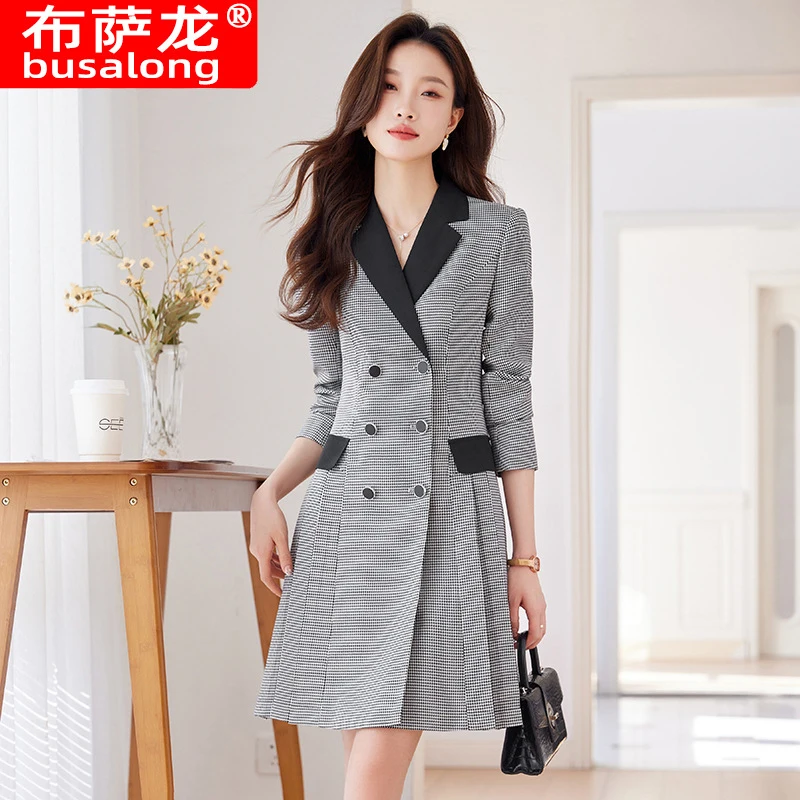 New women's suit-collar dress with long sleeves, waist-cinching, elegant professional dress, slimming workwear8901