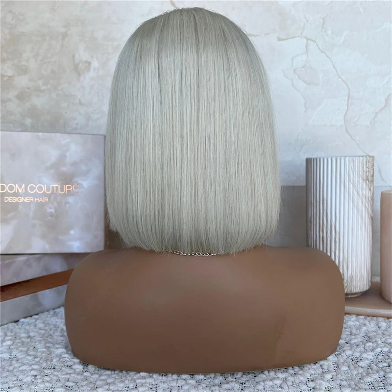 Synthetic lace wigs with Bangs Silver Blonde Short Bob Lace Top Wig Fringe HD lace future fiber premium Wig for girls Layer Wigs