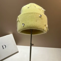 2024 New Rhinestone Shiny Bow Earflap Winter Woman Hat Korea Wool Warm Beanies Angora Cashmere Knit Outdoor Ski Hats
