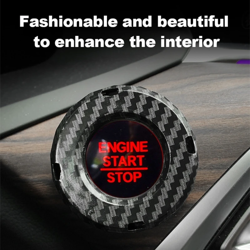 Car Push Start Button Cover, Carbon Fiber ABS Trim Accent with Clip-On Install for Interior Accent and Button X37F