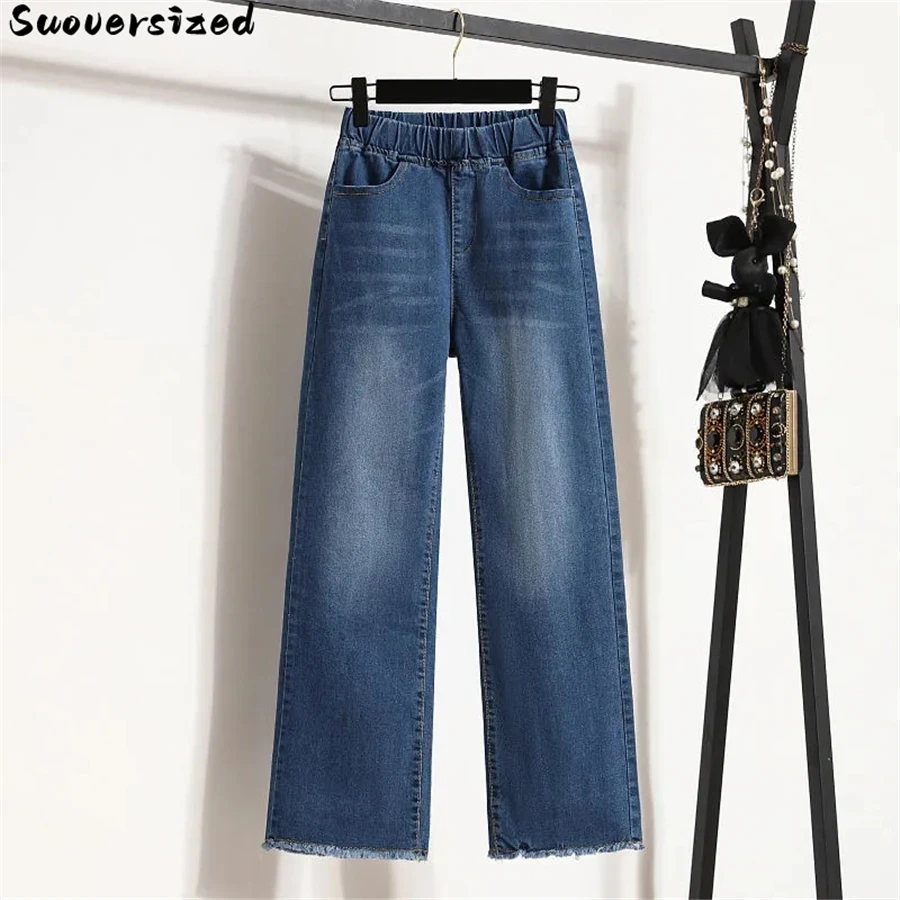 Klassische Oversize 4XL Baggy Breite Bein Jeans Gebleichte Koreanische Vaqueros Frauen Denim Knöchel-Länge Hosen Elastische Hohe Taille Pantalones