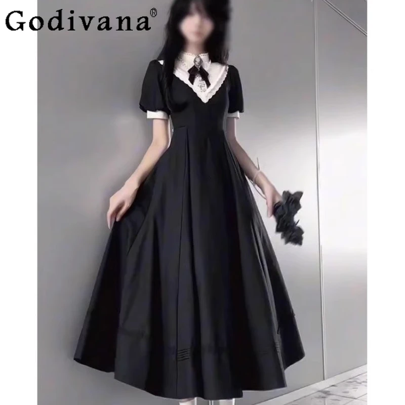 

Elegant Waist Cinching Lolita Dress for Girls Dark Gothic Bow Tie Lolita Long Dress Female Summer Japanese Style Black Dress