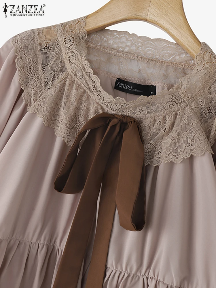 ZANZEA Chiffon Blouse Women Solid Lace Tops 2025 Casual Loose Lantern Sleeve Ruffled Blusas Vintage Bow Lace Up Pleating Tunic