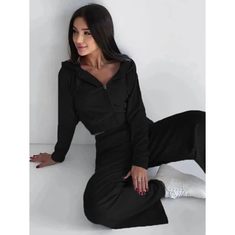 2025 nuevo otoño Color sólido mujer plata zorro traje de terciopelo de manga larga con capucha chaqueta cárdigan pantalones casuales elásticos mujer T ★ ★ ★ ★