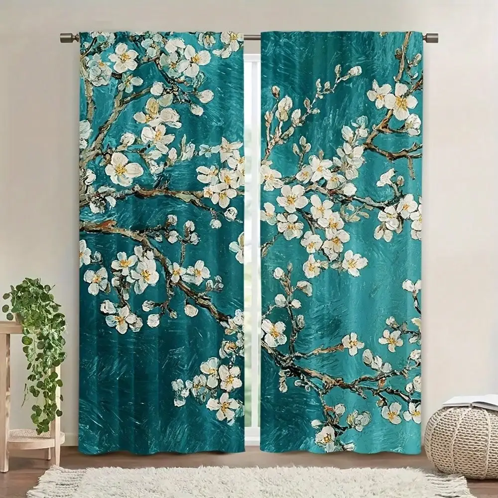 2pcs Van Gogh-Inspired Almond Blossom Curtains Vibrant Teal & White Floral Design Rod Pocket Semi-Transparent Fabric For Kitchen