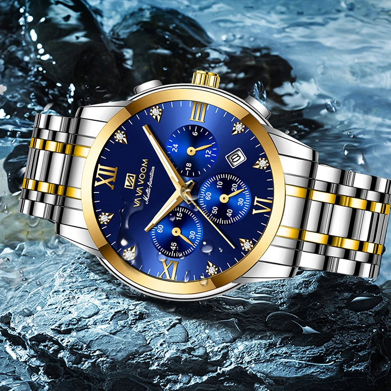 Men's Watch Fashion Business Watch Calendar Waterproof Luminous Stainless Steel Wristband Inlaid with Diamond Quartz Watch Gift