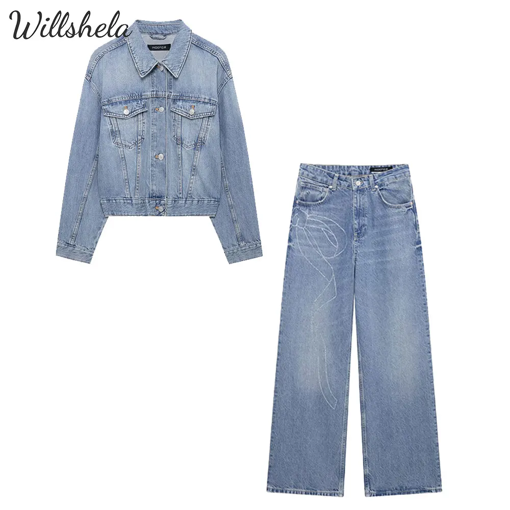 

Willshela Women 2 Pieces Sets Y2K Denim Jacket with Diamands and Wide Leg Pant Female Chic Lady Casual Trousers Coordinates