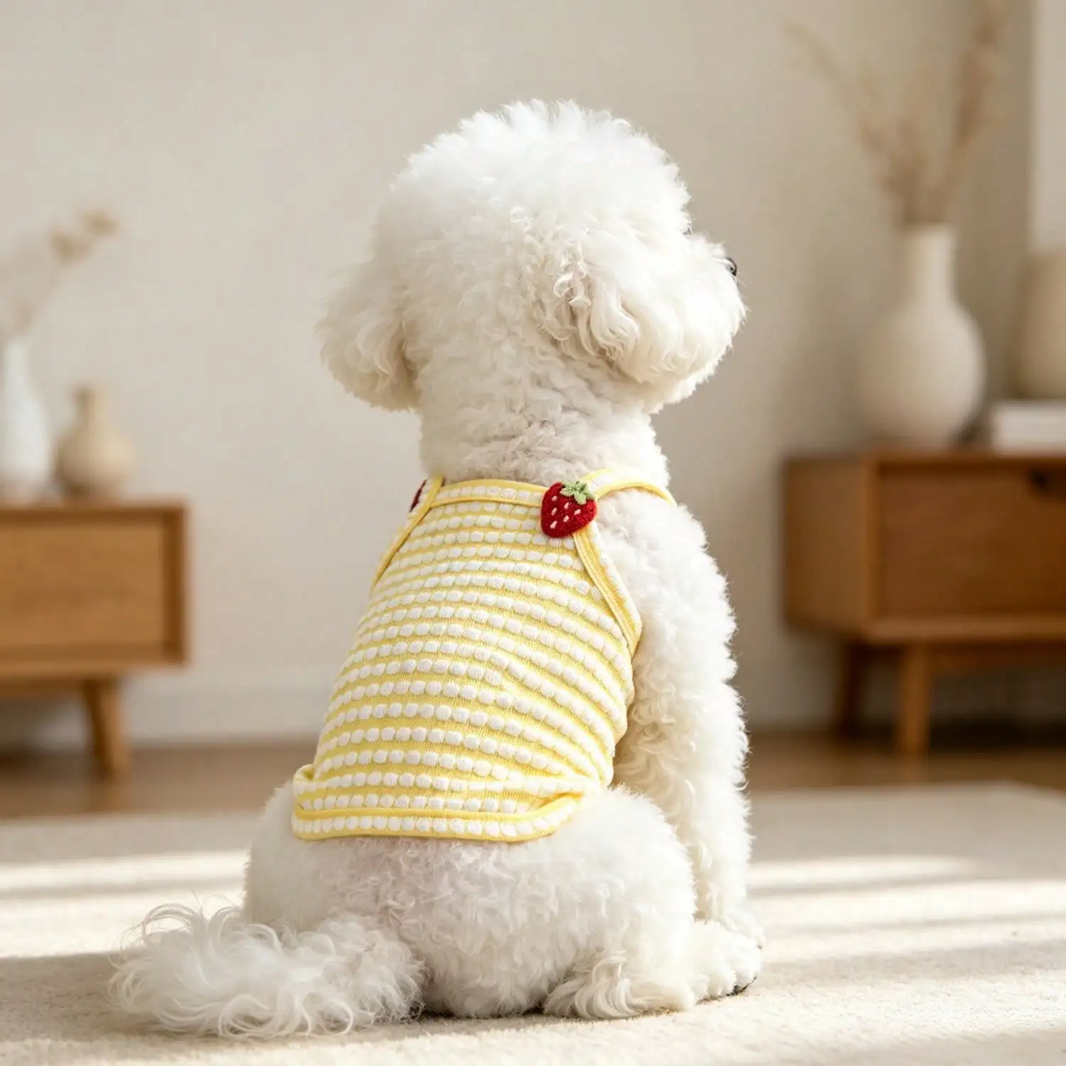 1 Stück gestreiftes Strick-Hundetanktop mit 3D-Frucht-Blumen-Ornament, atmungsaktive Welpenweste für kleine Hunde – Detail 21