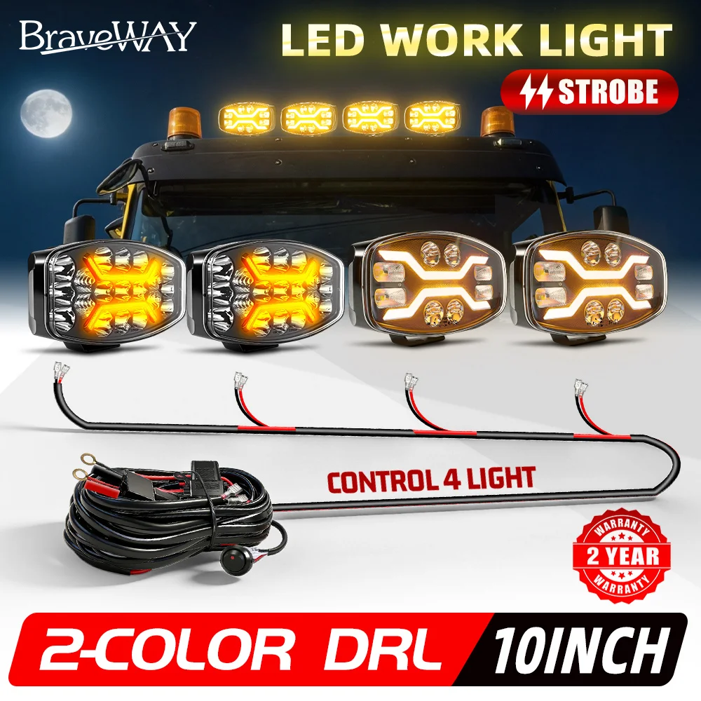 Braveway 4er-Set LED-Scheinwerfer 10 Zoll mit Positionsleuchte Universal 12V 24V Zusatz-Fahrlampen für LKW Überrollbügel E9 für Offroad-Einsatz