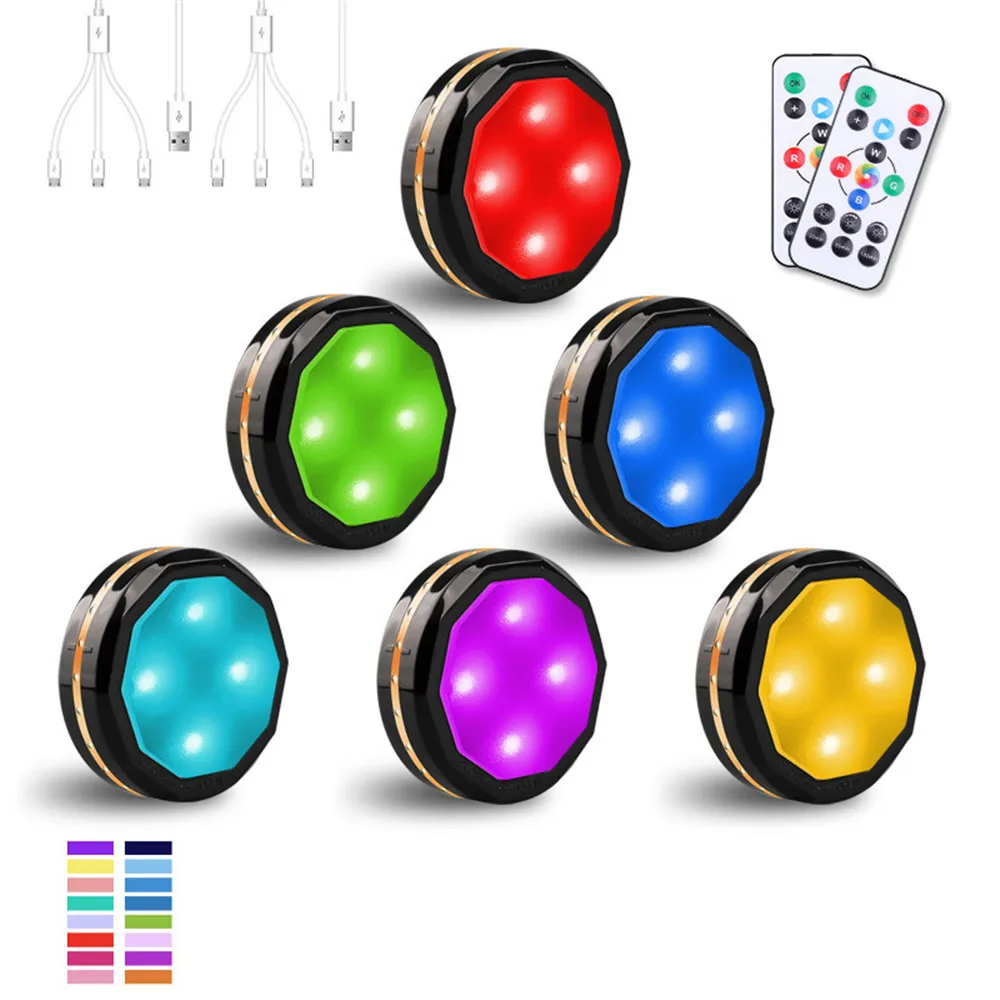 USB Rechargeable RGB Round Dimming Function LED Small Press Night Light Mini Cabinet Atmosphere Ceiling Light