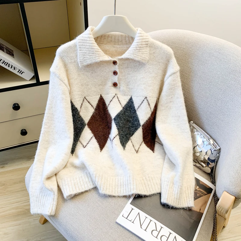 المرأة الأبيض بولو الرقبة فحص البلوز سترة 2000s خمر الكورية نمط طويلة الأكمام مريحة سترة الكشمير المعنقة لملابس حريمي #1