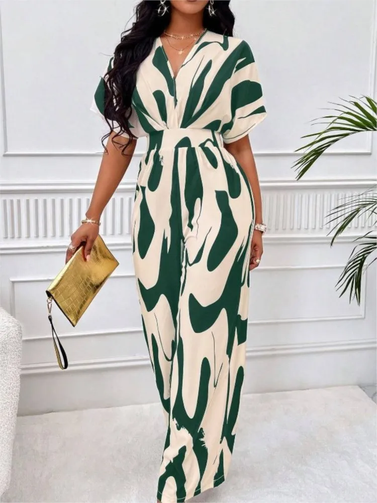 2024 Women Wide Leg Jumpsuit Spring Summer Fashion V Neck Short Sleeve High Waist Full Body Printed Jumpsuits Casual One Pieces