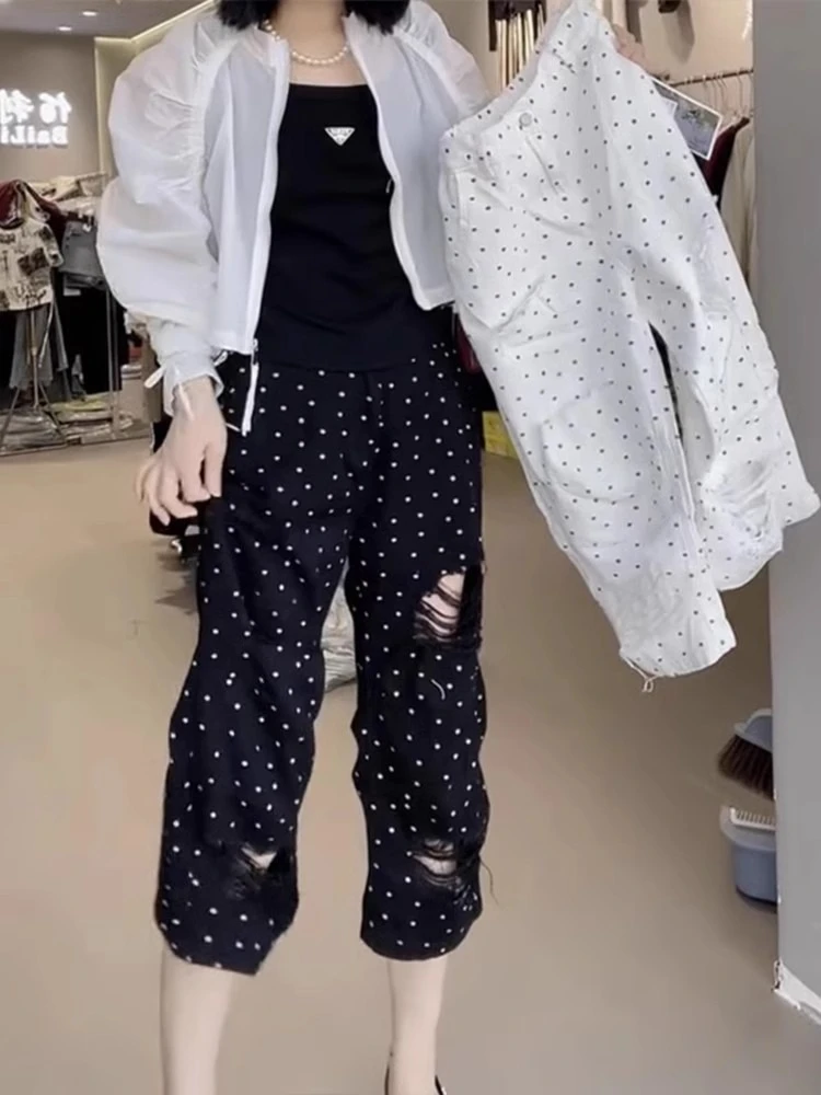 

Fashion Street Jeans Black Wave Dot Ripped Denim Casual Pants Summer Thin Plus Size High Waist Eight-Point Straight Pant Women