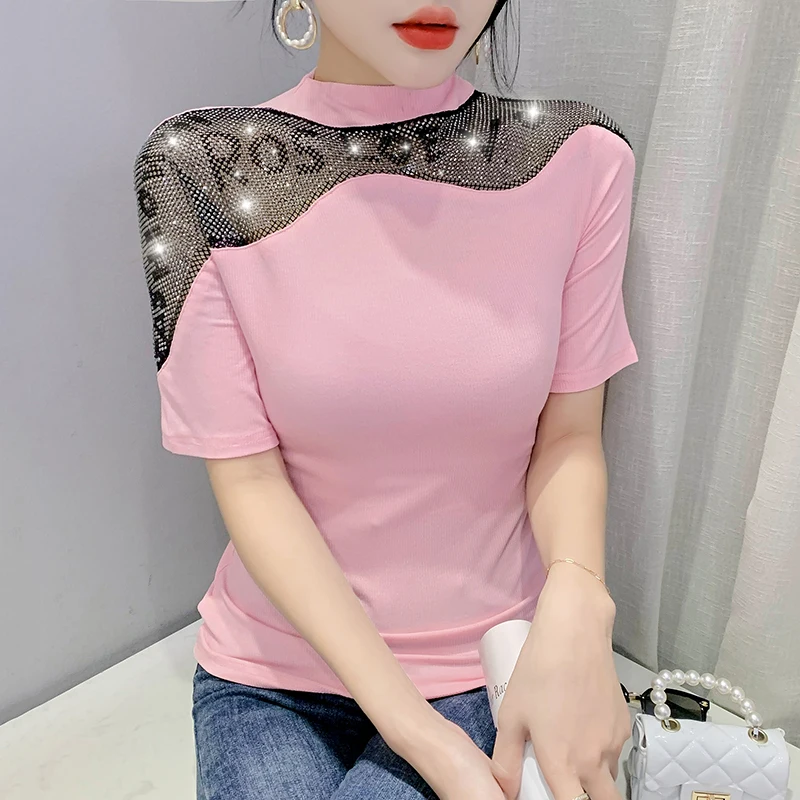 Summer Korean Clothes Cotton T-Shirt Chic Sexy Patchwork Hollow Out Letter Diamonds Women Tops Short Sleeve Hand Made Tees 2152