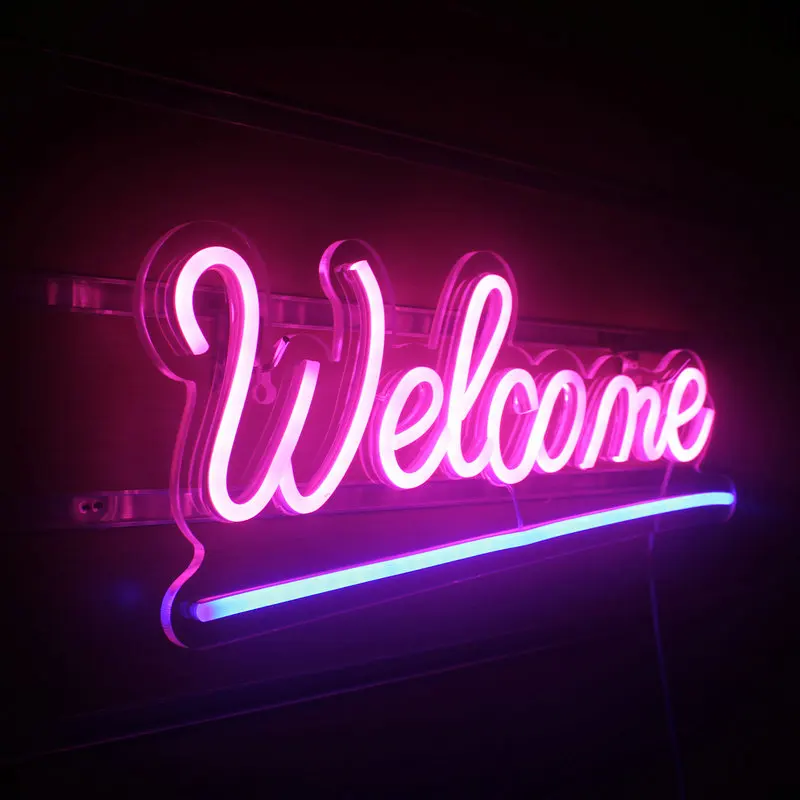 Welcome Neon Sign LED Room Wall Decor, Alimentado por USB, Acrílico Pendurado com Interruptor, Janela da loja, Vidro, Loja, Bar, Salão, Café