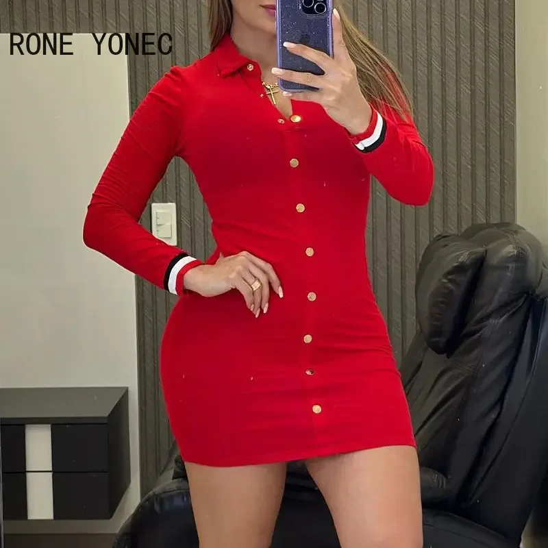 Women Casual Long Sleeves Turn Down Collar Solid Button A-line Mini Skinny Red Dress