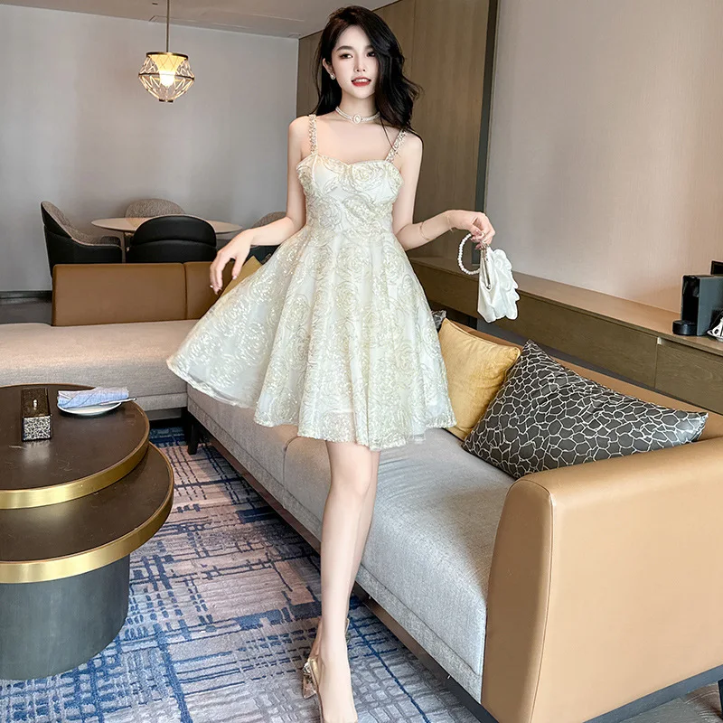 

French Spaghetti Strap Lace Dress High Waist Solid Mini A-line Short Dresses Autumn and Winter New Chic and Elegant Woman Dress