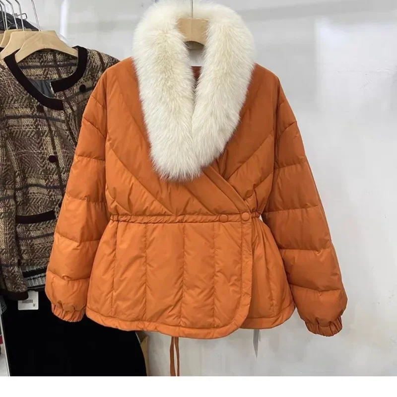 

Foreign Fox Hair Neck V-neck Waist Tie Down Jacket Female Temperament Thin White Duck Down Coat Thick Solid Color High Quality