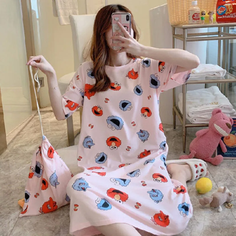 Women\'s Summer Nightgown Cute Mid-Length Nightgown Thin Home Wear Short-Sleeved Large Size Loose Maternity Pajamas