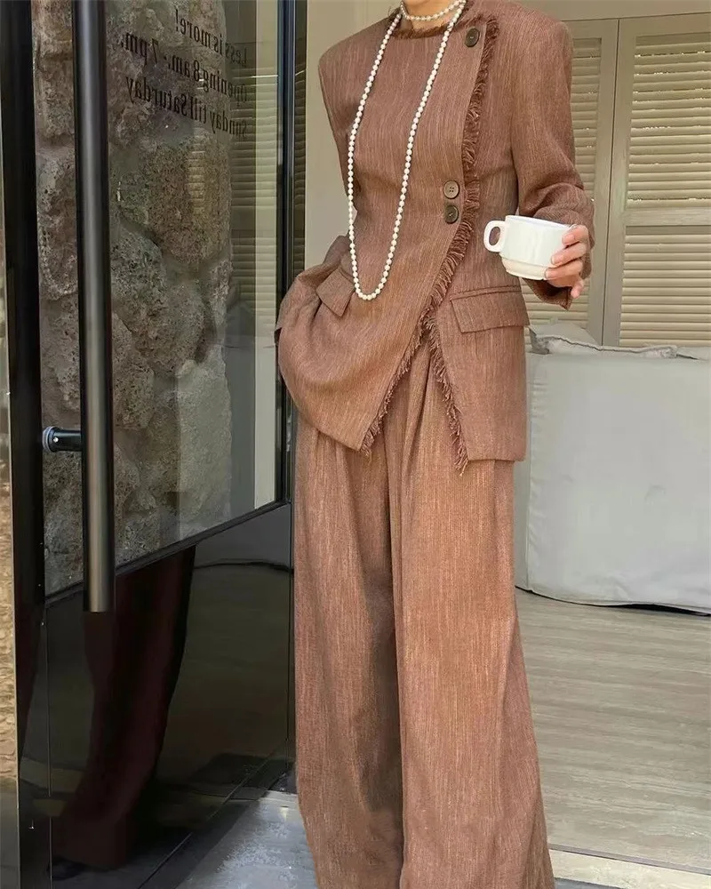 Ensemble veste et pantalon décontractés pour femmes, design à franges, printemps et automne, nouveau, 2 pièces, 2024