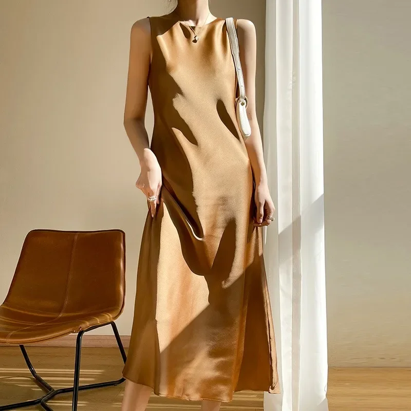 Woman's Long Dress Off Shoulder High Waist Silk Satin A-line Midi Dress O-neck Sleeveless Evening Dresses Robe Femme Sundress