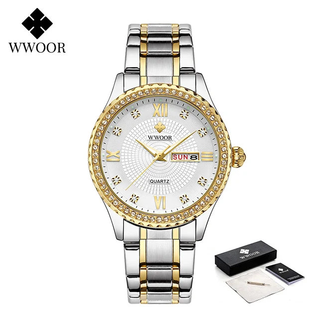 Mode Wwoor Topmerk Luxe Diamant Goud Volledig Roestvrij Staal Kwarts Liefhebber Geschenken Voor Mannen En Vrouwen Paar Paar Horloge