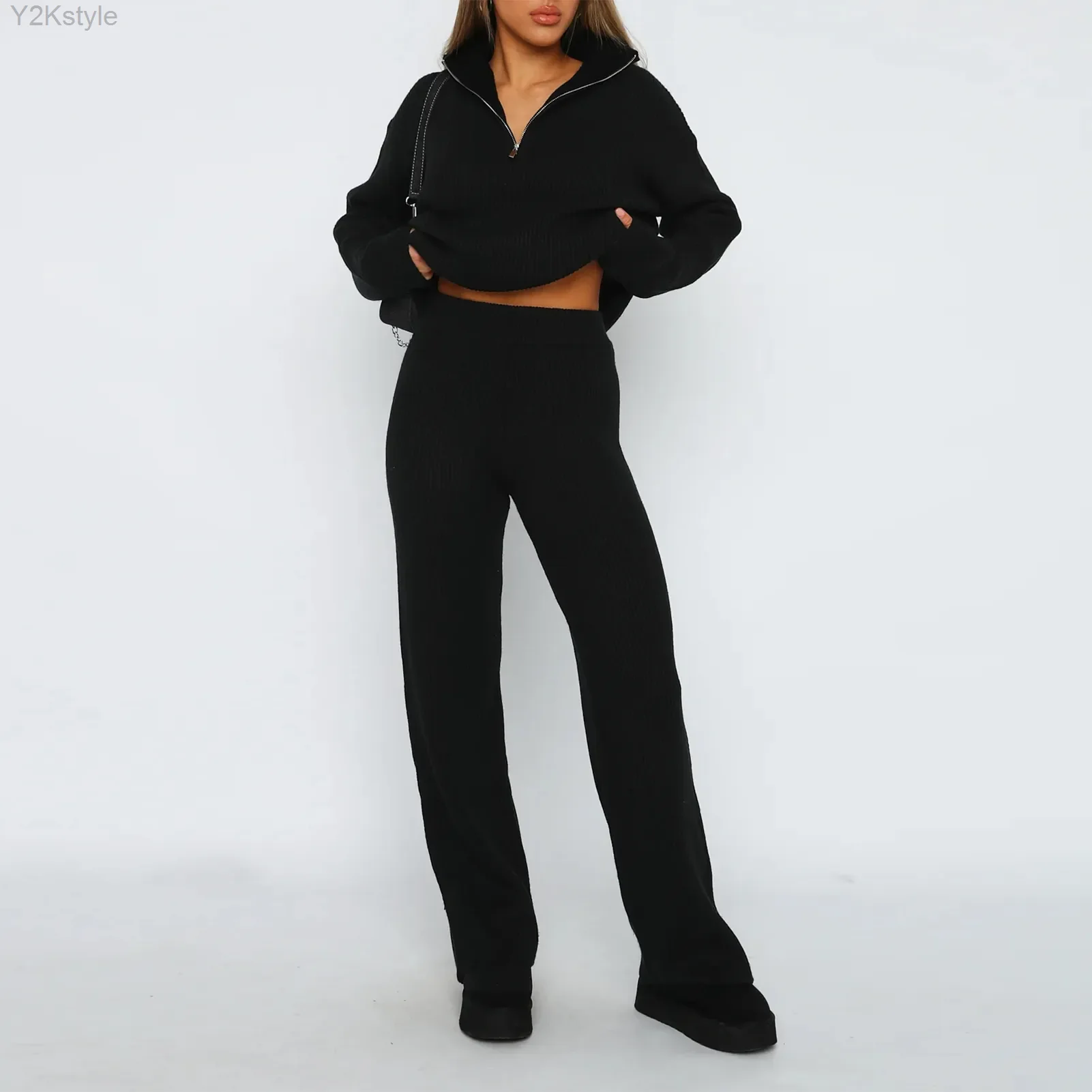 

Casual Style Women Rib Knitted Pants Suit Warm Zipper Down Turn Down Collar Top Pants Solid Color High Waisted Daily Outfit