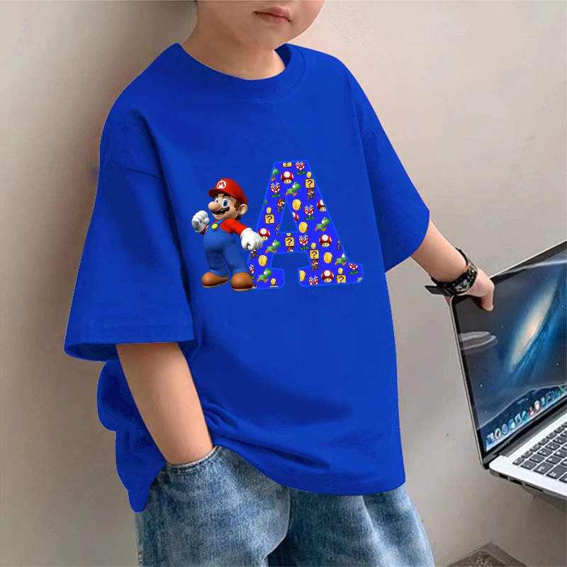 아동용 슈퍼 마리오 반팔 티셔츠, 블루 게임 테마, 레터 프린트 풀오버, 따뜻한 상의, 만화 캐주얼, 어린이 의류 선물, 여름