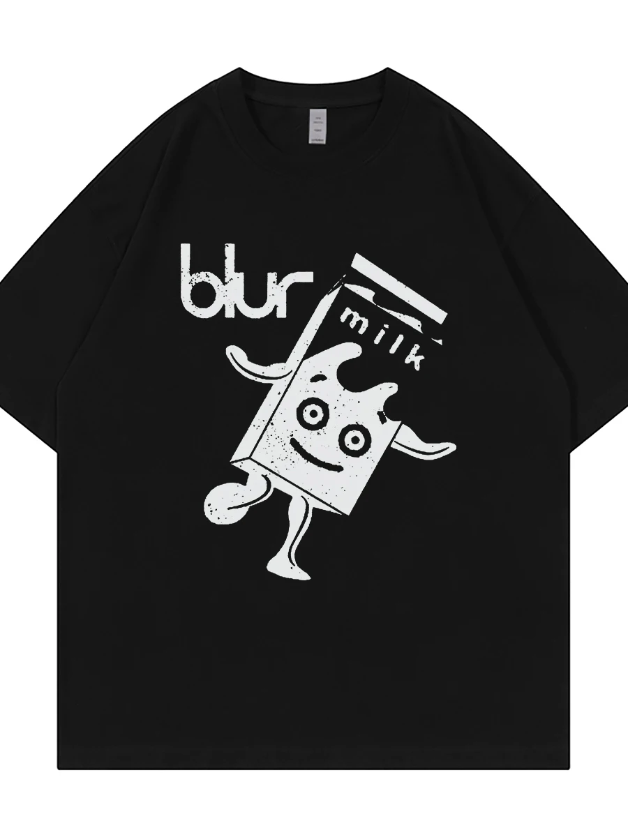 Camiseta Azul de Cuello Redondo y Manga Corta con Estampado Digital de la Banda Blur, Diseño de Caja de Leche, Transpirable, ...